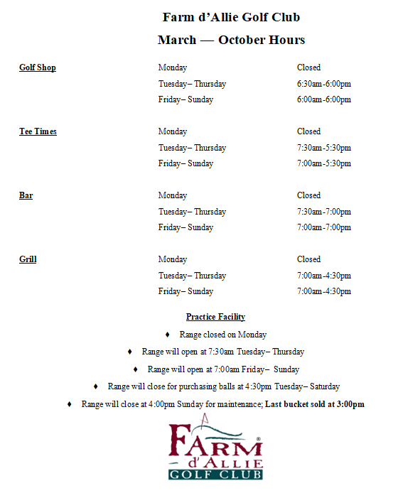 Hours Of Operation | March 2025 – October 2025
